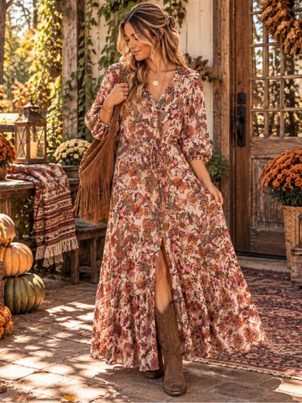 Knox Rose Boho Floral Maxi Dress Hippie Tie Waist Shirt Dress Tiered Cottagecore